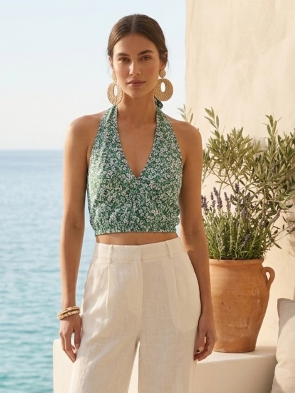 Lush Green Blue Floral Tie Back Halter Top Large NWT